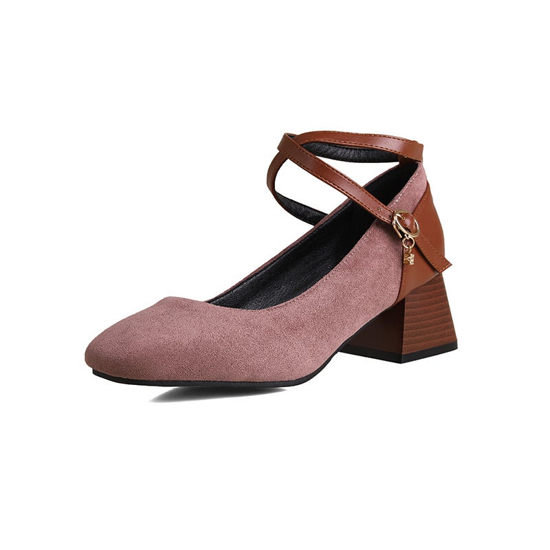In The Spring Of 2024 Square Head Heel Women'S Shoes 40-47 Cross Buckle Suede Shallow Mouth Shoes - Image 1