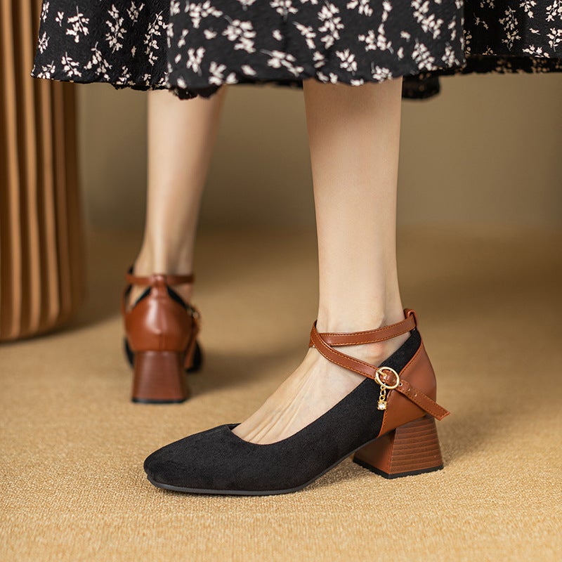 In The Spring Of 2024 Square Head Heel Women'S Shoes 40-47 Cross Buckle Suede Shallow Mouth Shoes - Image 2