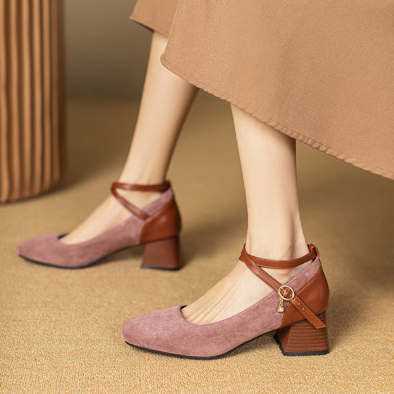 In The Spring Of 2024 Square Head Heel Women'S Shoes 40-47 Cross Buckle Suede Shallow Mouth Shoes - Image 3