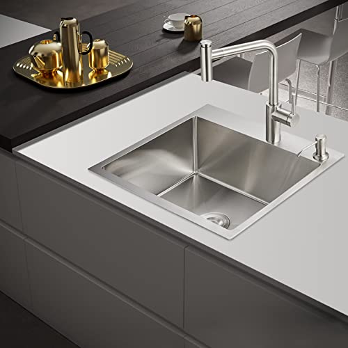 POPFLY 24×18 Inch Drop in Kitchen Sink, Topmount Handmade Single Bowl 18 Gauge 304 Stainless Steel Overmount Kitchen Sinks, Brushed - Image 2