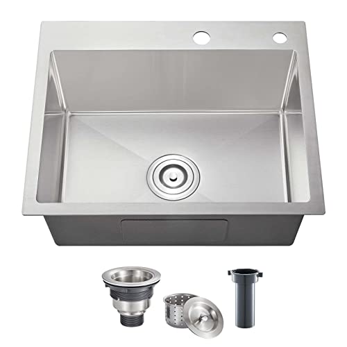 POPFLY 24×18 Inch Drop in Kitchen Sink, Topmount Handmade Single Bowl 18 Gauge 304 Stainless Steel Overmount Kitchen Sinks, Brushed - Image 1