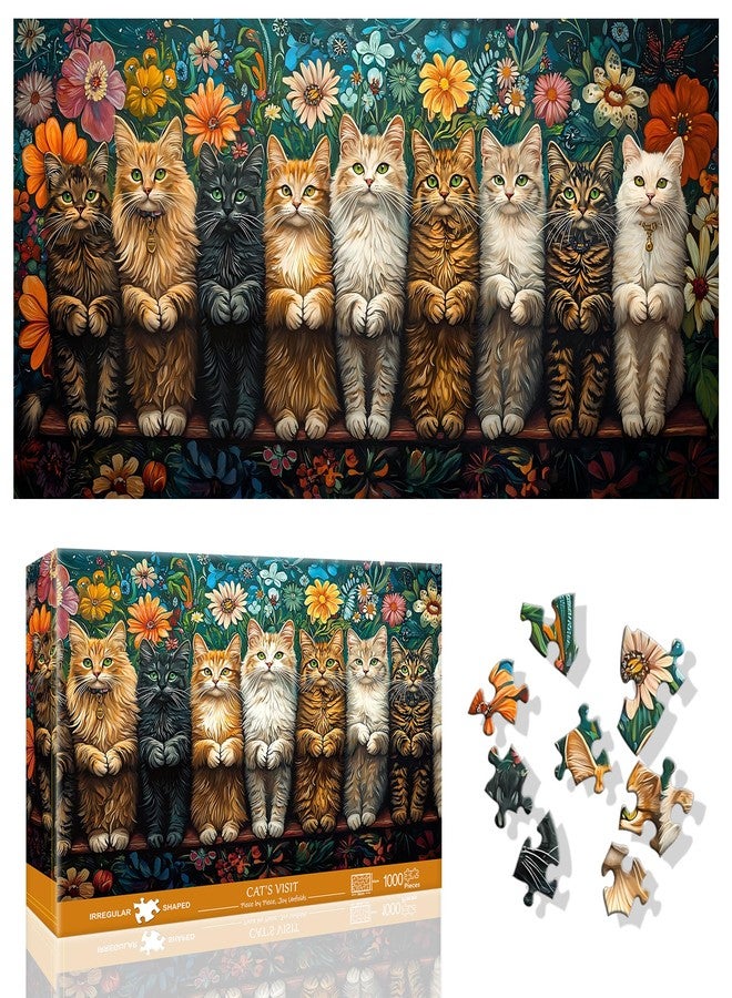 Ginfonr 1000 Piece Jigsaw Puzzles for Adults, 《Cat's Visit》Irregular Shaped Pieces for Challenging Fun, No Dust Classic Animal Puzzle, Gifts for Family Game Night 31.5 x 16 inch - Image 1