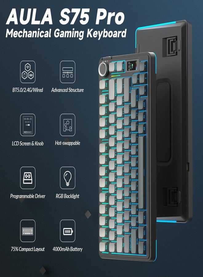 AULA S75 PRO Wireless Mechanical Keyboard with Screen&Knob, Tri-Mode Hot Swappable Gaming Keyboard 75%, Pre-lubed Switches, RGB Backlit, Side Printed PBT Keycaps, Creamy Sounding Computer Keyboards - Image 2