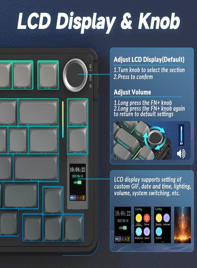 AULA S75 PRO Wireless Mechanical Keyboard with Screen&Knob, Tri-Mode Hot Swappable Gaming Keyboard 75%, Pre-lubed Switches, RGB Backlit, Side Printed PBT Keycaps, Creamy Sounding Computer Keyboards - Image 3