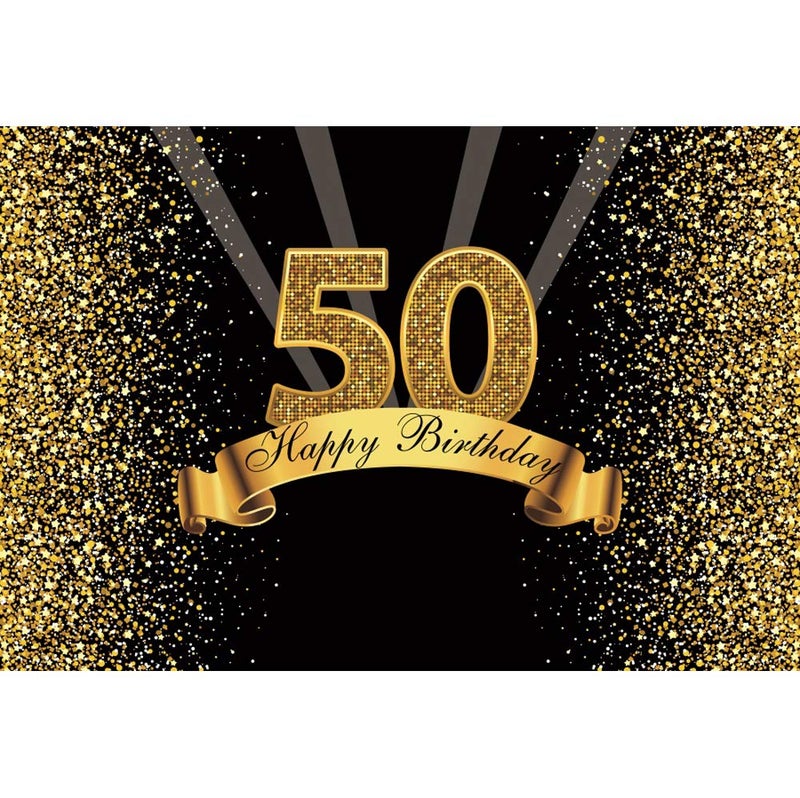 Yeele 10x8ft 50Th Birthday Backdrop for Photography Glitter Gold and Black Background Happy Birthday Party Decoration Banner Celebration Adult Photo Booth Shoot Vinyl Studio Props