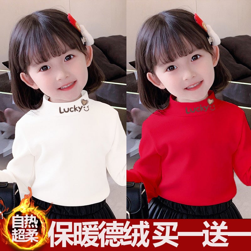 Girls' Semi-High Collar Long-Sleeved T-Shirt Top Base Shirt Semi-High Collar Children'S Autumn Clothes Warm T-Shirt - Image 1