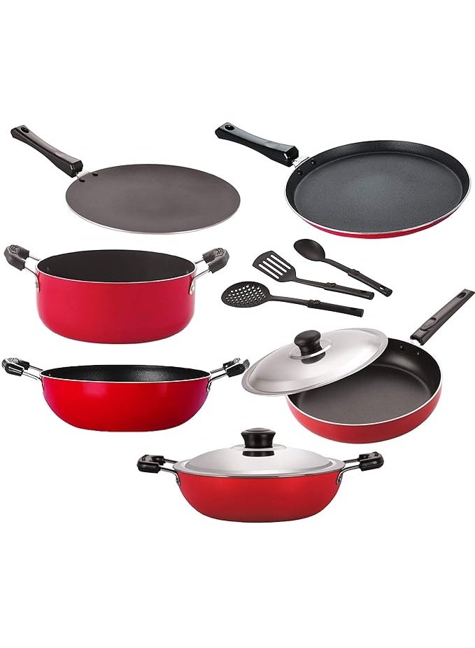 NIRLON Non Stick Combo Aluminium Cookware Concave Tawa/ 2 Kadhai/ Flat Tawa/ Casserole / Fry Pan with Stel Lid/3 Nylon Spoon (Red,Black) - Image 1