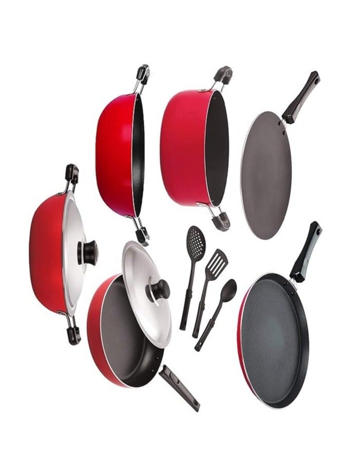 NIRLON Non Stick Combo Aluminium Cookware Concave Tawa/ 2 Kadhai/ Flat Tawa/ Casserole / Fry Pan with Stel Lid/3 Nylon Spoon (Red,Black) - Image 4