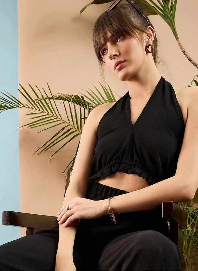 SASSAFRAS Black Halter Neck Basic Jumpsuit for Women