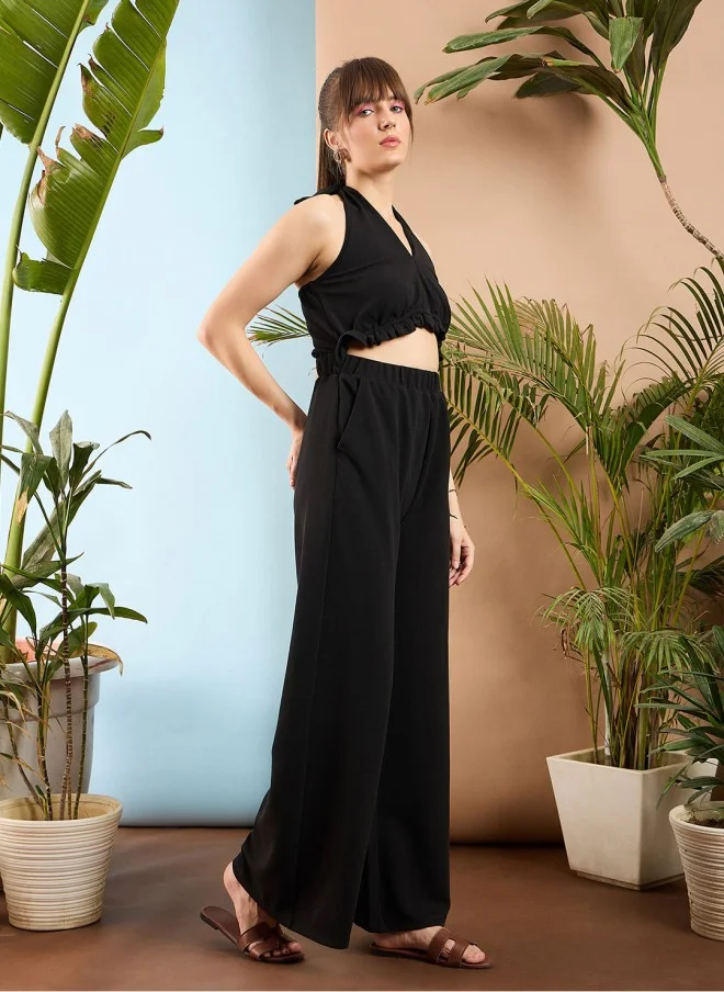 SASSAFRAS Black Halter Neck Basic Jumpsuit for Women