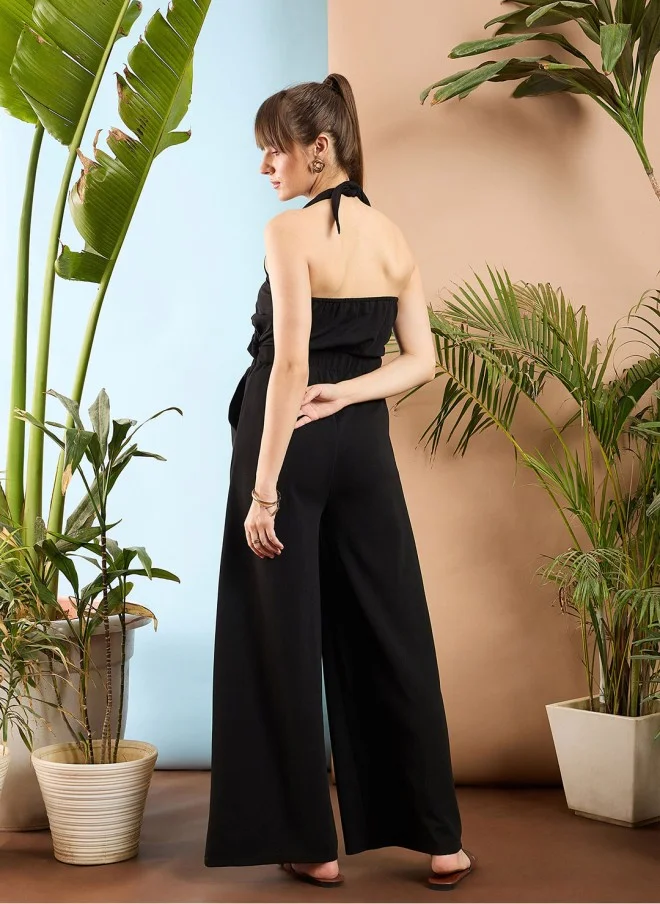 SASSAFRAS Black Halter Neck Basic Jumpsuit for Women