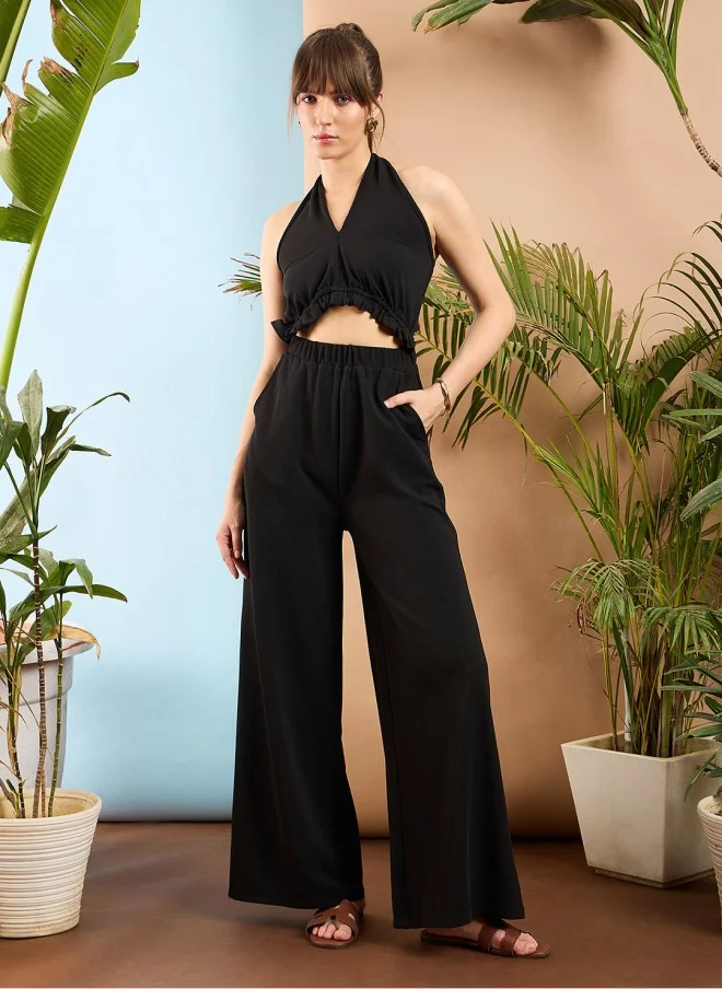 SASSAFRAS Black Halter Neck Basic Jumpsuit for Women