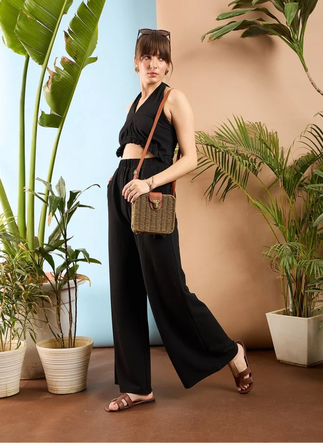 SASSAFRAS Black Halter Neck Basic Jumpsuit for Women