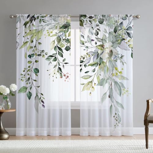 Fereyis Green Eucalyptus Leaves Sheer Curtains for Living Room 84 inch Length 2 Panels Set Elegant Wild Flower Floral Spring Printed Window Curtain Natural Chiffon Drapes for Bedroom - Image 1