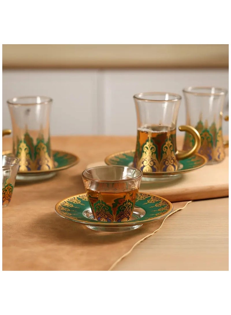 18-Piece Turkish Tea Glass Set with Saucer and  Mırra Cups, Handmade Vintage Luxury Ottoman Style Tea Cups and Arabic Coffee Cups for Serving Guests, Teatime, Dinner, Housewarming Gifts, Events, Parties, Golden and Green Arabesque Design - Image 4