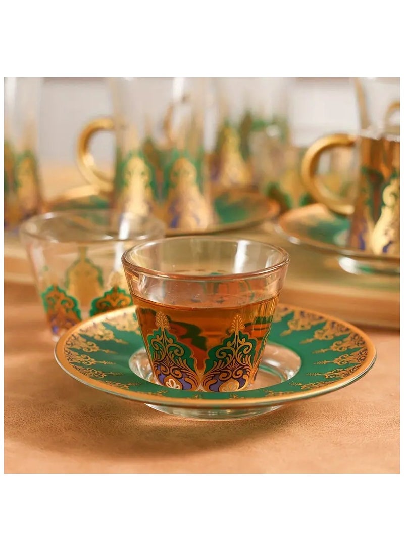 18-Piece Turkish Tea Glass Set with Saucer and  Mırra Cups, Handmade Vintage Luxury Ottoman Style Tea Cups and Arabic Coffee Cups for Serving Guests, Teatime, Dinner, Housewarming Gifts, Events, Parties, Golden and Green Arabesque Design - Image 5