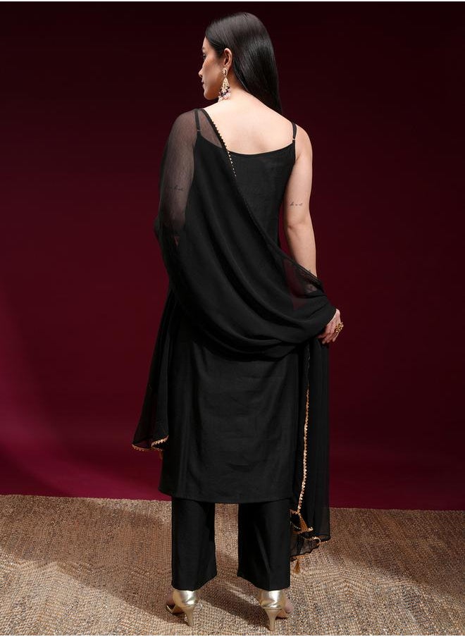 Vishudh Women Black Kurta Set with Trousers and Dupatta by Styli  - Image 3