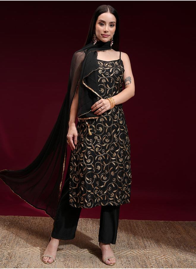 Vishudh Women Black Kurta Set with Trousers and Dupatta by Styli  - Image 2