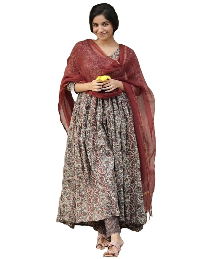 ANNI Designer Women's Rayon Blend Anarkali Printed Kurta with Pant & Dupatta (Madipakam Maroon_L_Maroon_Large) - Image 1