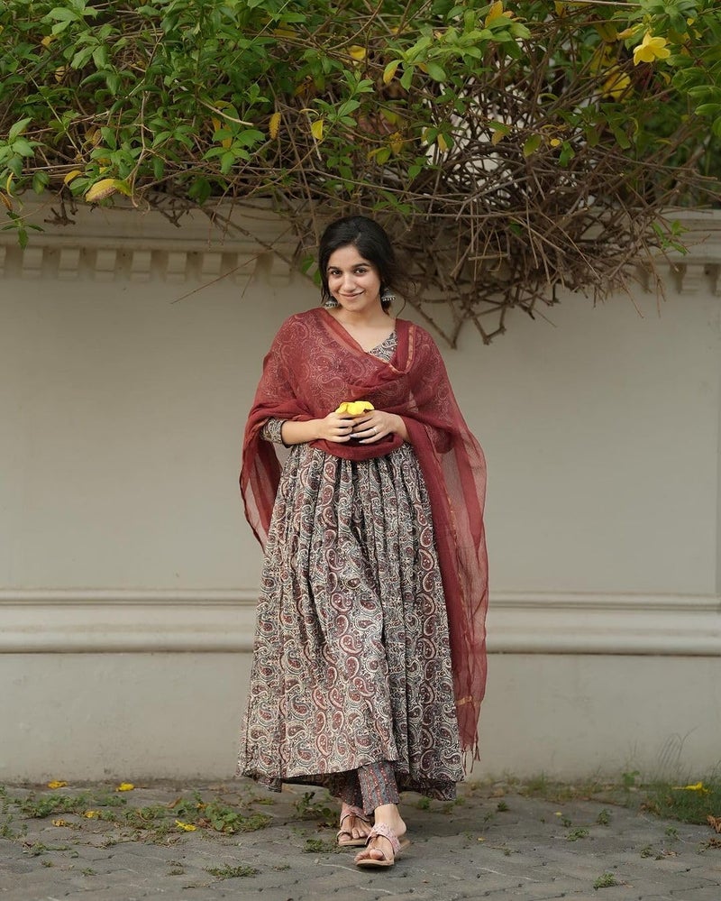 ANNI Designer Women's Rayon Blend Anarkali Printed Kurta with Pant & Dupatta (Madipakam Maroon_L_Maroon_Large) - Image 5