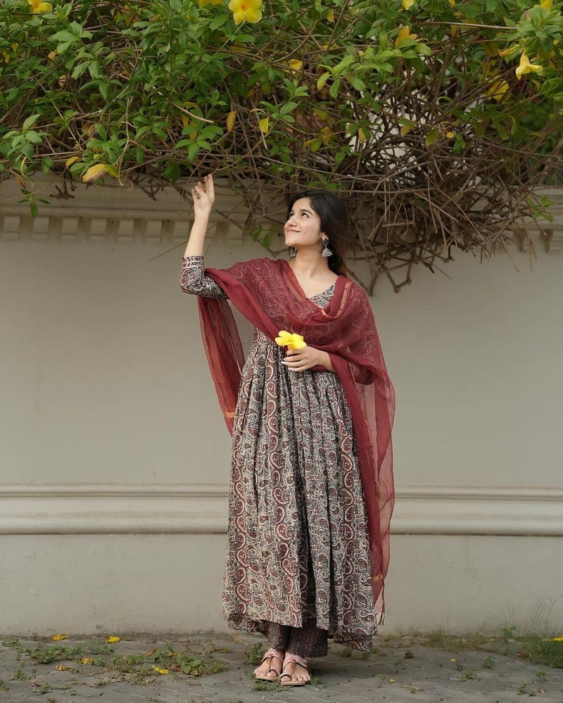 ANNI Designer Women's Rayon Blend Anarkali Printed Kurta with Pant & Dupatta (Madipakam Maroon_L_Maroon_Large) - Image 4
