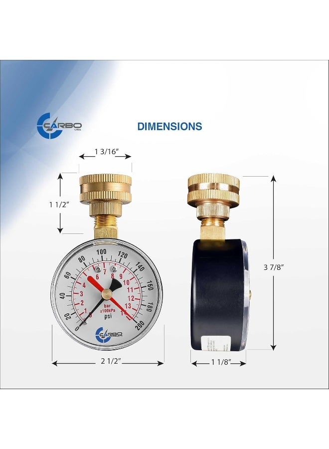 CARBO INSTRUMENTS 2-1/2" Pressure Gauge, Water Pressure Test Gauge, 3/4" Female Hose Thread, 0-200 Psi With Red Pointer  - Image 4