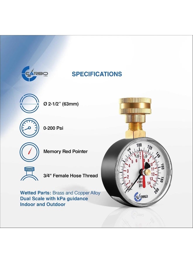CARBO INSTRUMENTS 2-1/2" Pressure Gauge, Water Pressure Test Gauge, 3/4" Female Hose Thread, 0-200 Psi With Red Pointer  - Image 2