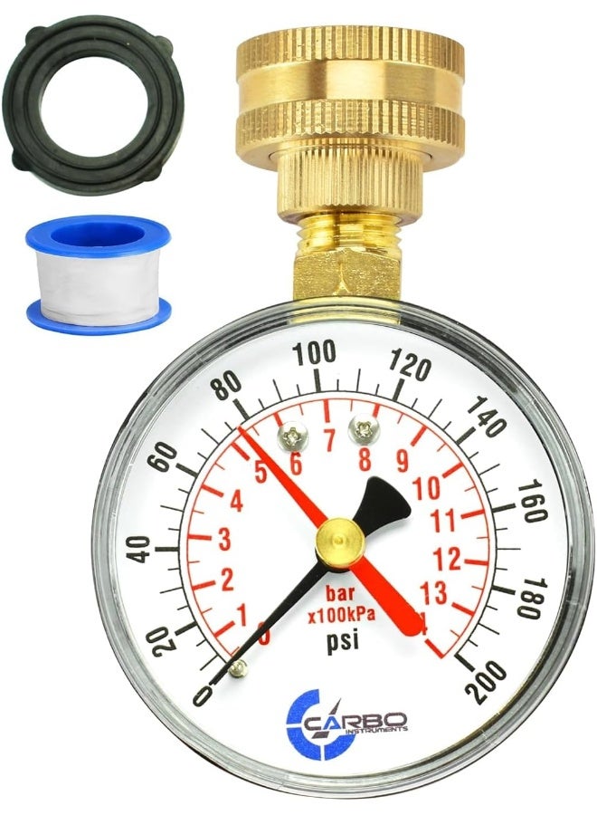 CARBO INSTRUMENTS 2-1/2" Pressure Gauge, Water Pressure Test Gauge, 3/4" Female Hose Thread, 0-200 Psi With Red Pointer  - Image 1