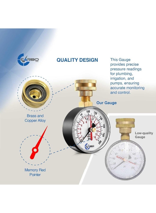 CARBO INSTRUMENTS 2-1/2" Pressure Gauge, Water Pressure Test Gauge, 3/4" Female Hose Thread, 0-200 Psi With Red Pointer  - Image 5