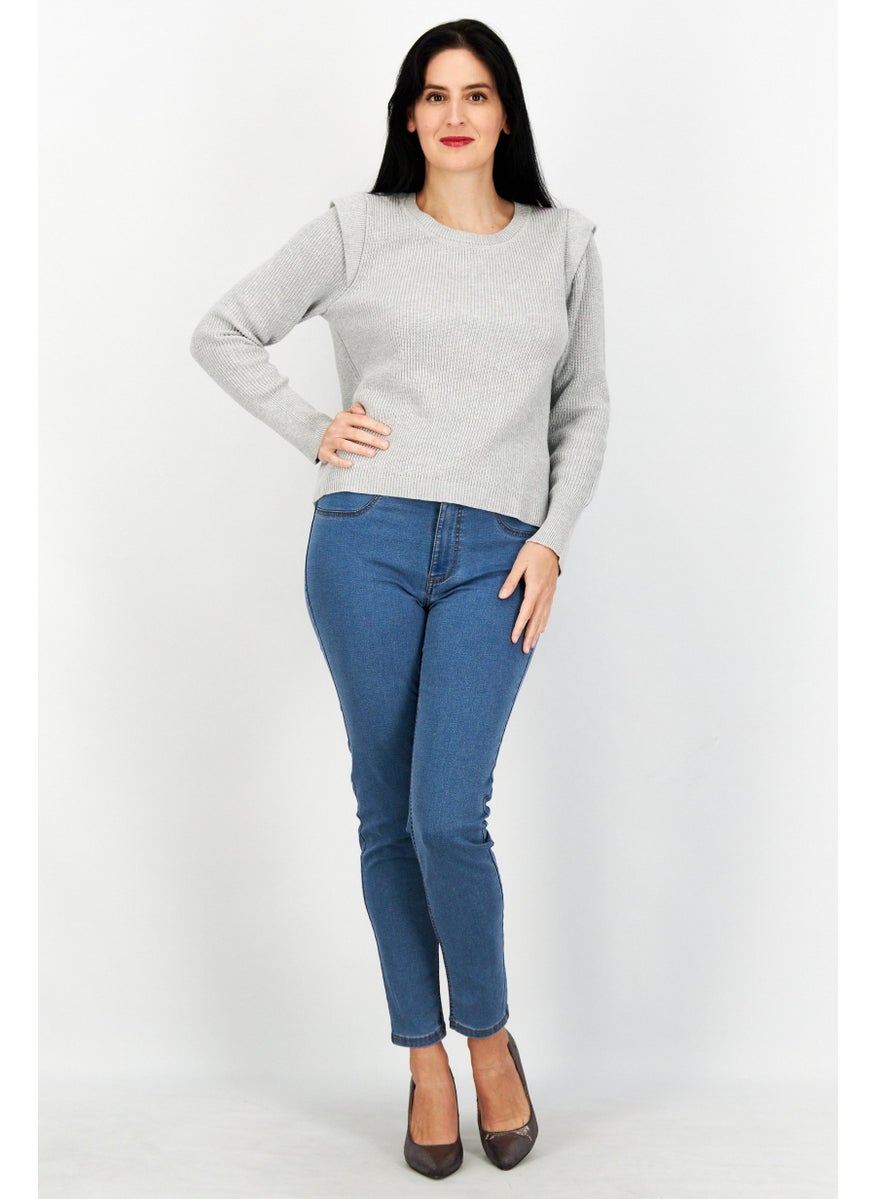 ESPRIT Women Round Neck Long Sleeve Textured Sweater, Grey  - Image 3