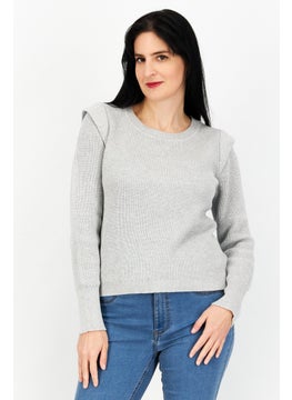Women Round Neck Long Sleeve Textured Sweater, Grey