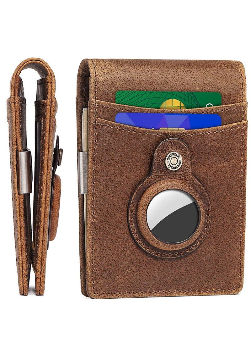 Brown Leather Wallet for Men, Slim RFID Blocking Wallet with Money Clip, Minimalist Front Pocket Design - Image 1