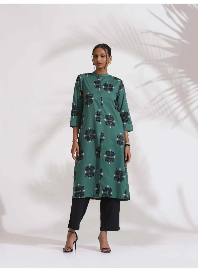 ترو برونز trueBrowns Green Cotton Print Front Slit Kurta Set