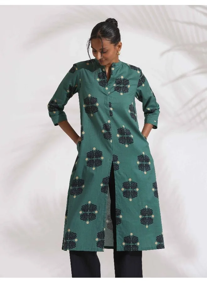 ترو برونز trueBrowns Green Cotton Print Front Slit Kurta Set
