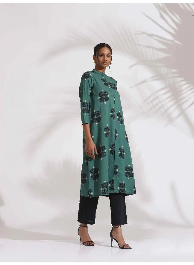ترو برونز trueBrowns Green Cotton Print Front Slit Kurta Set