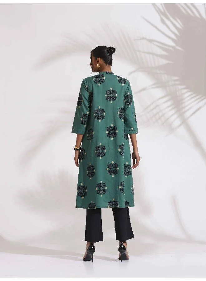 ترو برونز trueBrowns Green Cotton Print Front Slit Kurta Set