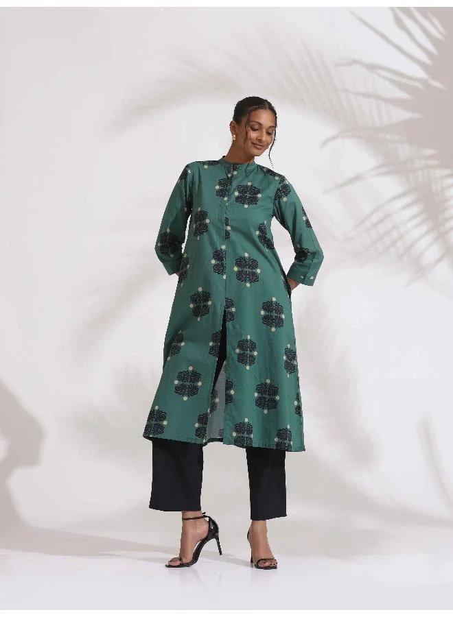 ترو برونز trueBrowns Green Cotton Print Front Slit Kurta Set