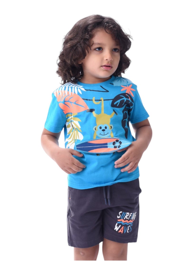 victor and jane - Kids Boys Set Comfortable 2-Piece T-Shirt & Shorts Set (2-8 Years)-  Blue & Grey - Image 1