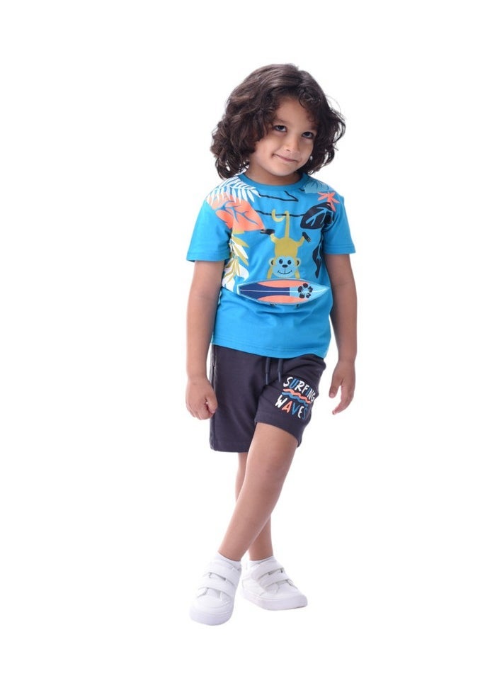 victor and jane - Kids Boys Set Comfortable 2-Piece T-Shirt & Shorts Set (2-8 Years)-  Blue & Grey - Image 1