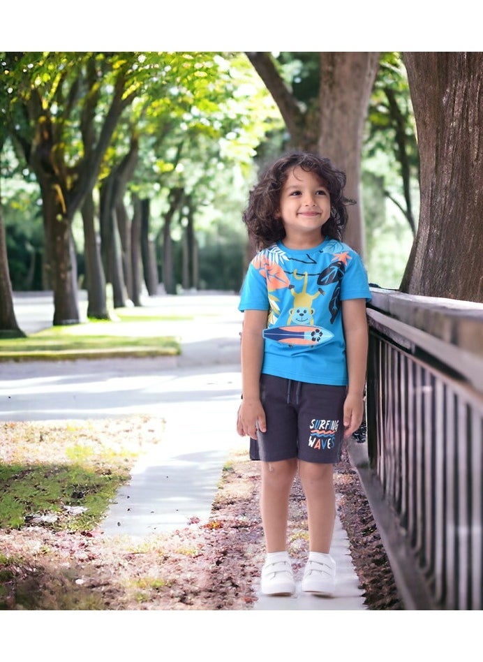 victor and jane - Kids Boys Set Comfortable 2-Piece T-Shirt & Shorts Set (2-8 Years)-  Blue & Grey - Image 1