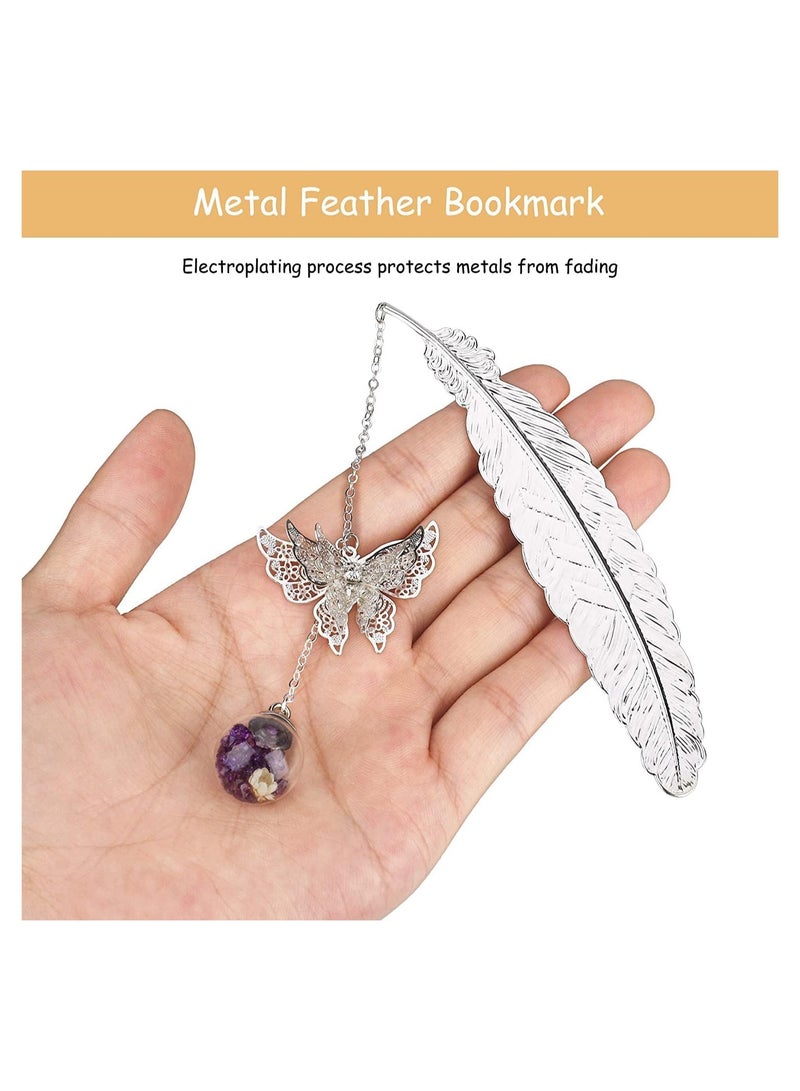 Generic Metal Feather Bookmark with erfly and Glass Beads Eternal Elegant Dry Flower Pendant Gift for Adults Children and Students Friends Mother's Day Birthday Silver - Image 5