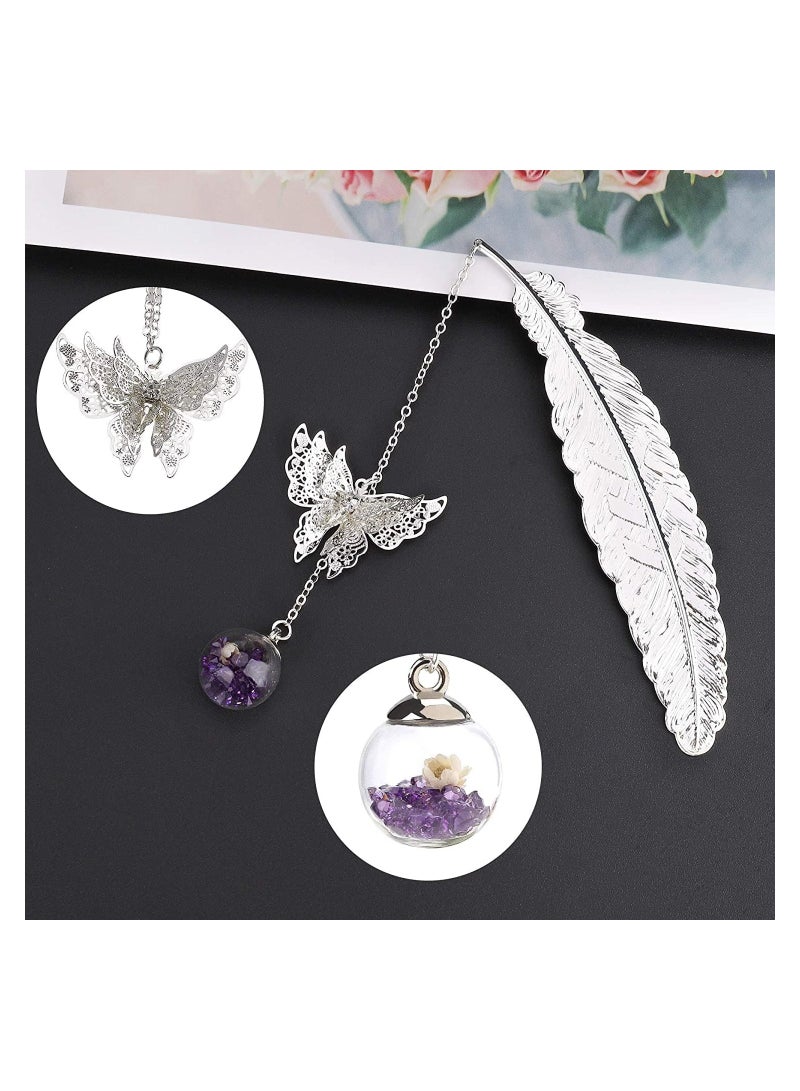 Generic Metal Feather Bookmark with erfly and Glass Beads Eternal Elegant Dry Flower Pendant Gift for Adults Children and Students Friends Mother's Day Birthday Silver - Image 2