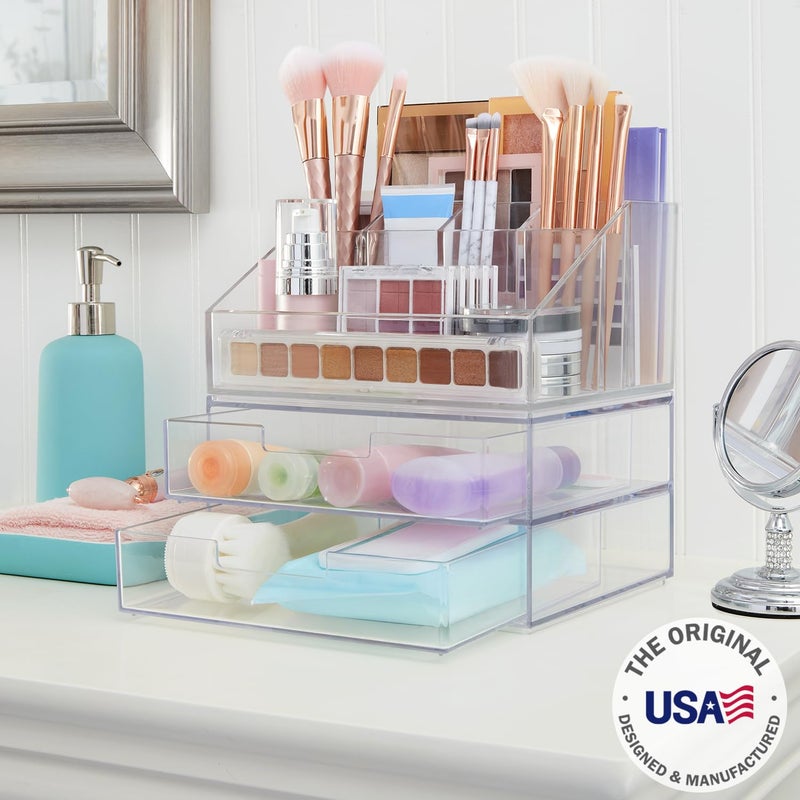 STORi Chloe Stackable Makeup Holder & Drawer Organizer Set, Clear, BPA-Free Plastic, Made in USA, Organize Brushes, Cosmetics & Beauty Essentials - Image 2