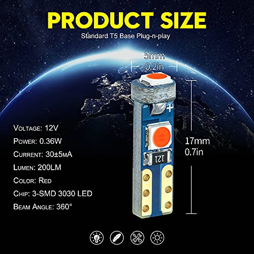 DODOFUN Red T5 37 74 LED Bulb with Twist Lock Socket PC74 PC37 Dashboard Instrument Panel Gauge Cluster Light Pack of 10 - Image 2