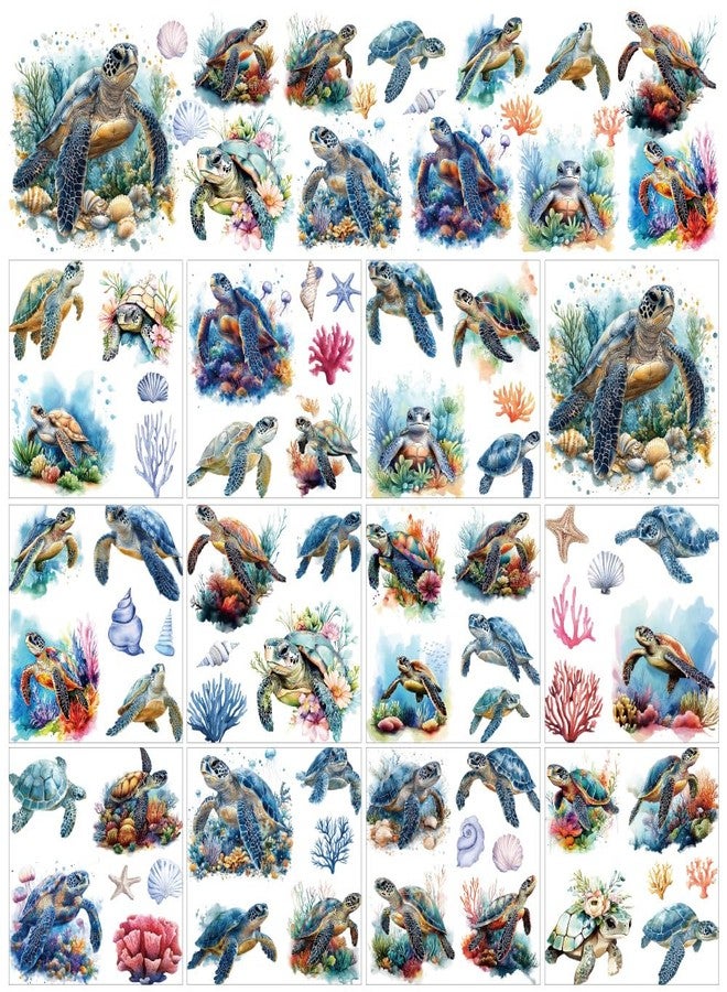 AHANDMAKER 12 Sheets Sea Turtle Rub On Transfer Stickers, Ocean Themed Window Decoration Featuring Turtles Coral, 12 Unique Designs for Turtle Lovers Creative Aquarium Decor, 5.5 x 5.5 Inches - Image 1