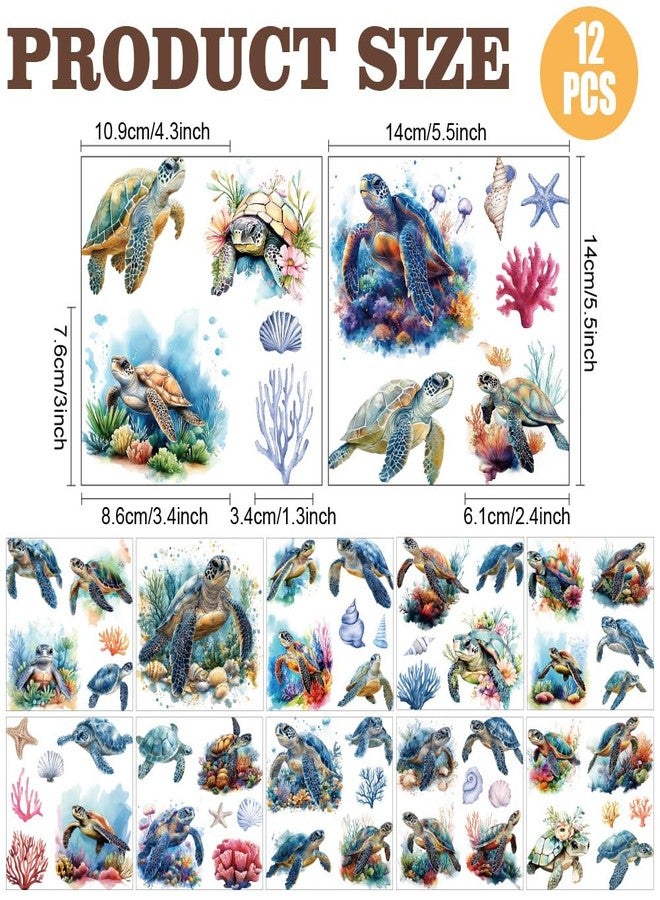 AHANDMAKER 12 Sheets Sea Turtle Rub On Transfer Stickers, Ocean Themed Window Decoration Featuring Turtles Coral, 12 Unique Designs for Turtle Lovers Creative Aquarium Decor, 5.5 x 5.5 Inches - Image 2