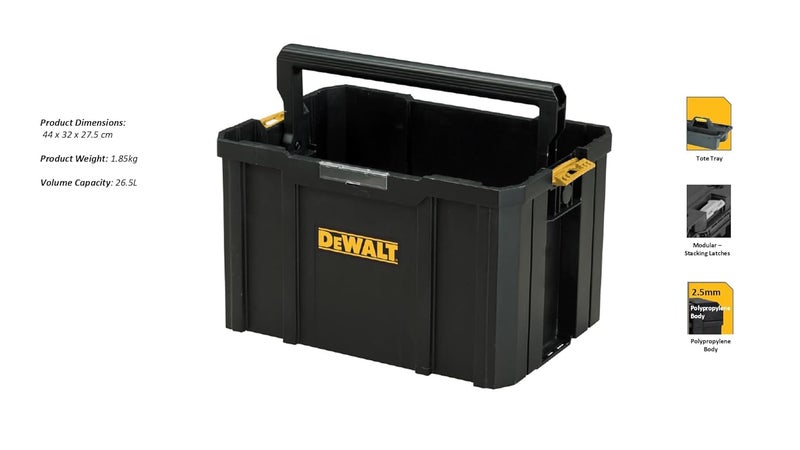 DEWALT DWST171228 TSTAK Tote Tool Box With Handle Large Interior For Bulk Storage Folded Ergonomic Carry Handle 10 Kg Weight Capacity 265L Volume Capacity 1 Year Warranty 44x32x275 cm - Image 5