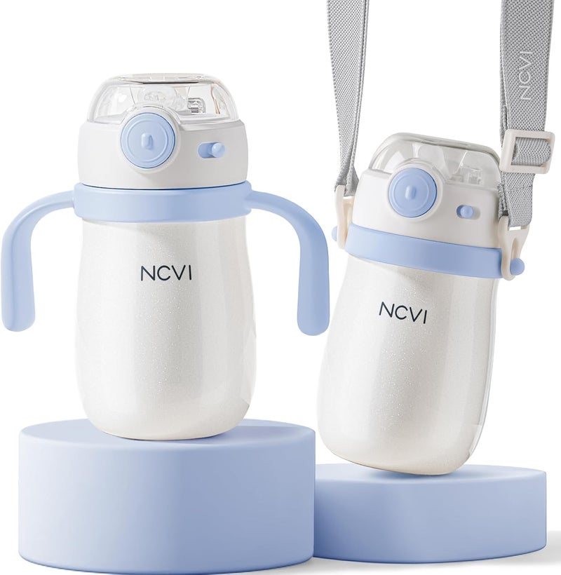 NCVI Kids Stainless Steel Straw Cup for Toddler 13 Years Old Training Tumbler with Straw Spill Proof with Handle Insulated Bottle to Keep Cold Warm for WaterMilkDrink Blue 10floz - Image 1