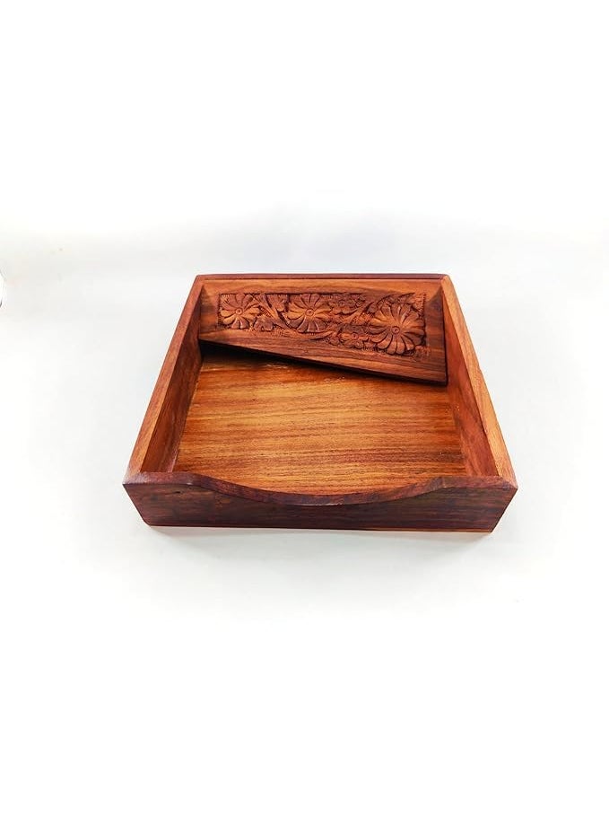 TEAKOPUR - TEAKOPUR Sheesham Wood Hand Carved Square Napkin Holder Tissue Paper Towel Holder for Dining Table Dcor Napkin Holder Dispenser for Kitchen Restaurant Office Home Table Decor Item Size 20205 cm - Image 1