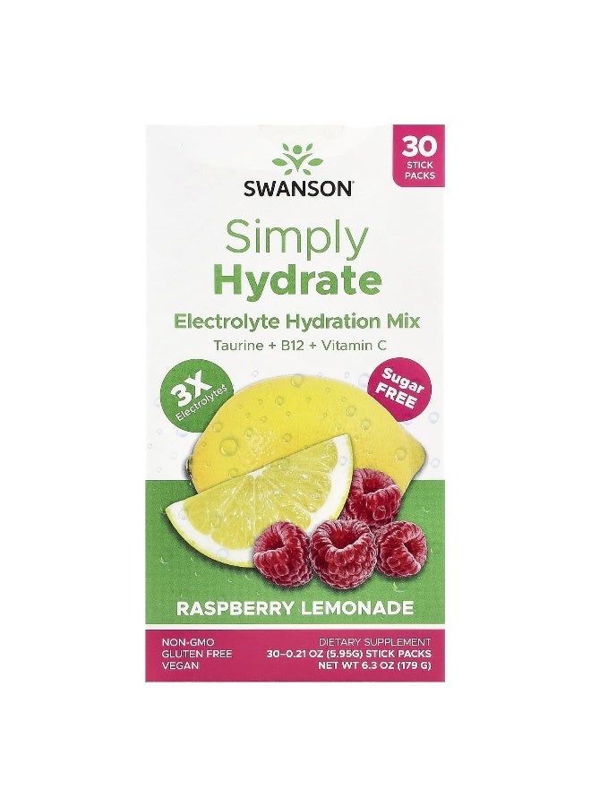 Swanson, Simply Hydrate, Electrolyte Hydration Mix, Raspberry Lemonade, 30 Stick Packs, 0.21 oz (5.95 g) Each - Image 1